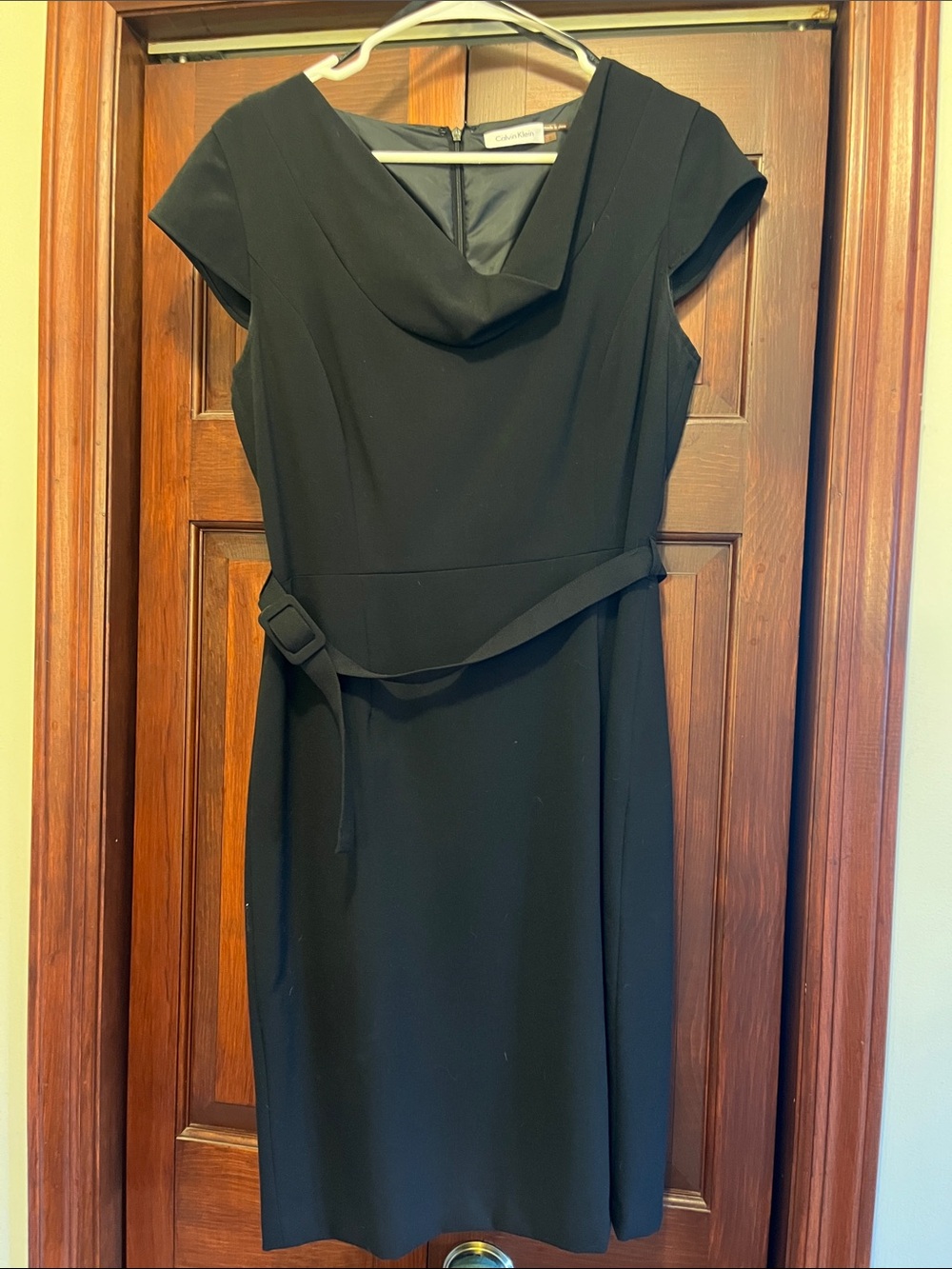 Calvin Klein Black Midi Dress with Cowl Neck and Self Belt